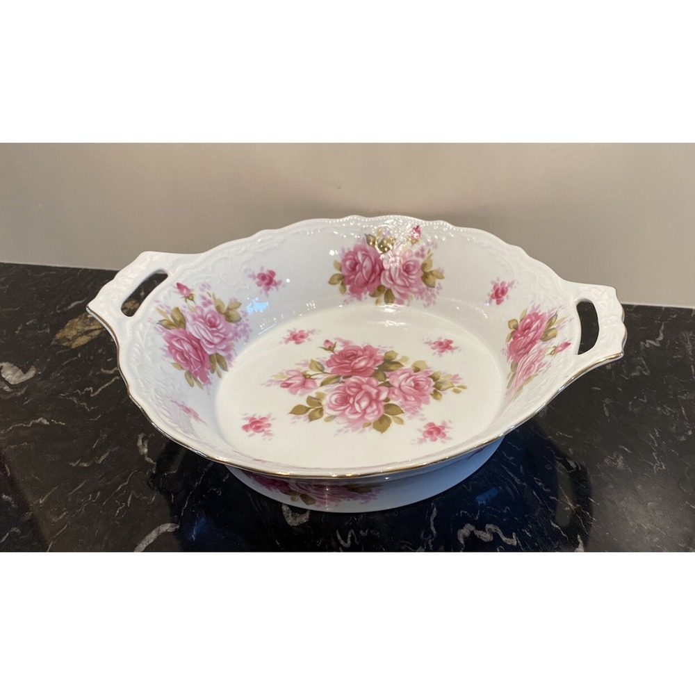 Antique Hand Painted Roses Serving Bowl w Gold Trim & Handles 11.5"x 9.5"x 2.25"